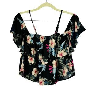 Nwt Hollister Black Tropical Floral Ruffle Cold Shoulder Strap Top Sz Small